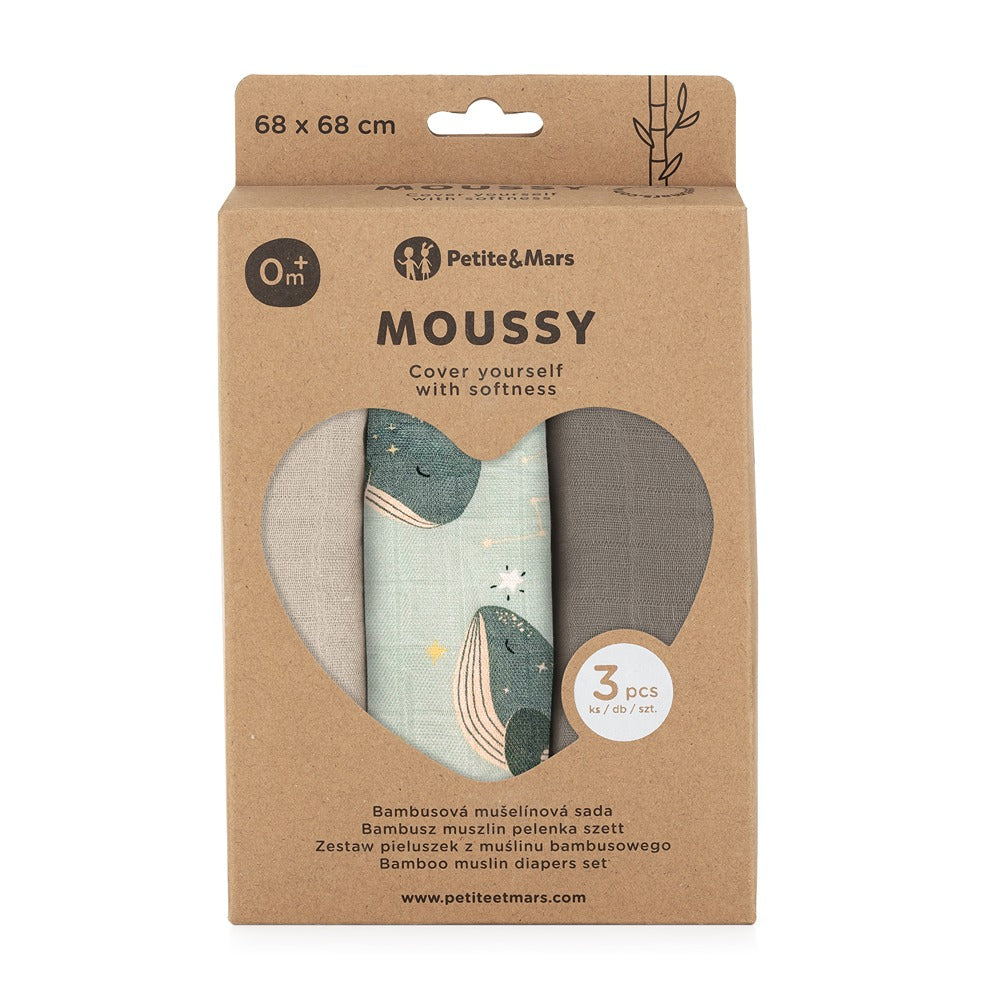 PETITE&MARS bambusz muszlin pelenka, 3 db, 68 × 68 cm – Whale Song