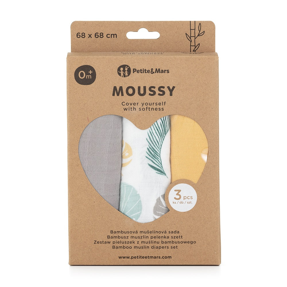 PETITE&MARS bambusz muszlin textilpelenka szett 3 db 68x68 cm – Ochre Leaves