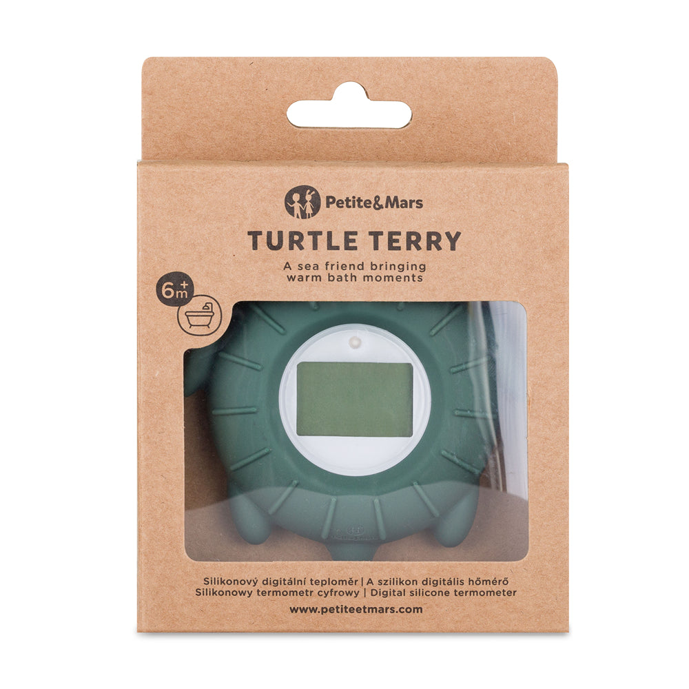 PETITE&MARS Terry Turtle digitális szilikon fürdőhőmérő – Misty Green