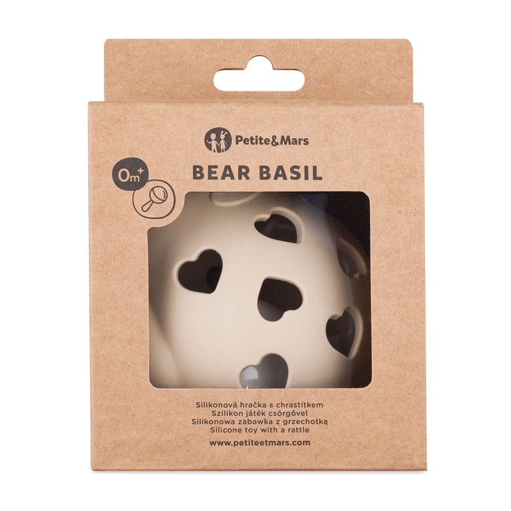 PETITE&MARS Bear Basil szilikon rágóka és csörgő – Desert Sand – 0 hó+