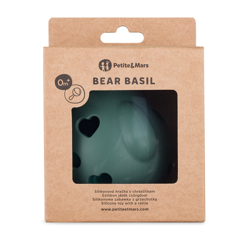 PETITE&MARS Bear Basil szilikon rágóka és csörgő – Misty Green – 0 hó+
