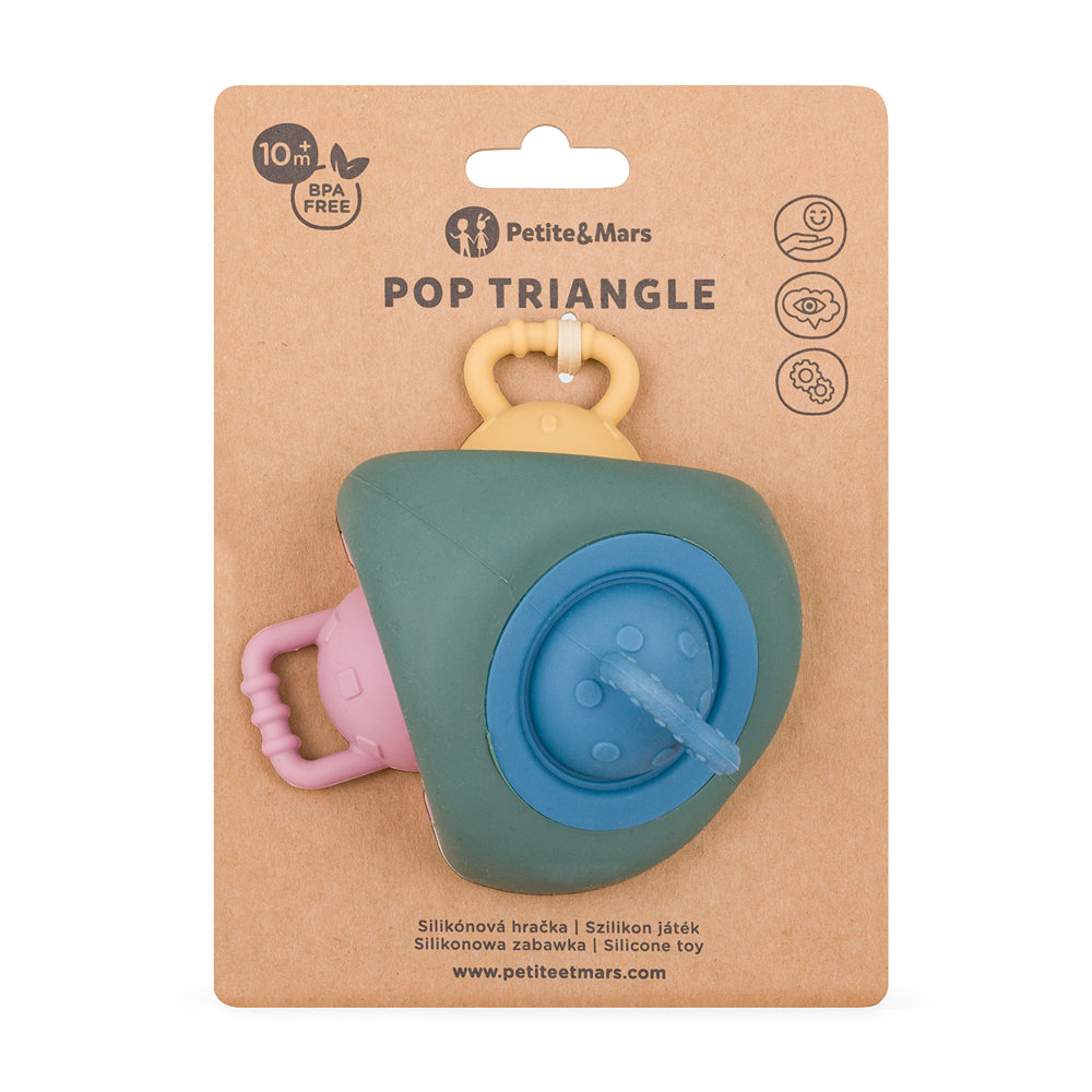 PETITE&MARS Pop Triangle szilikon szenzoros játék és rágóka – Misty Green – 10 hó+