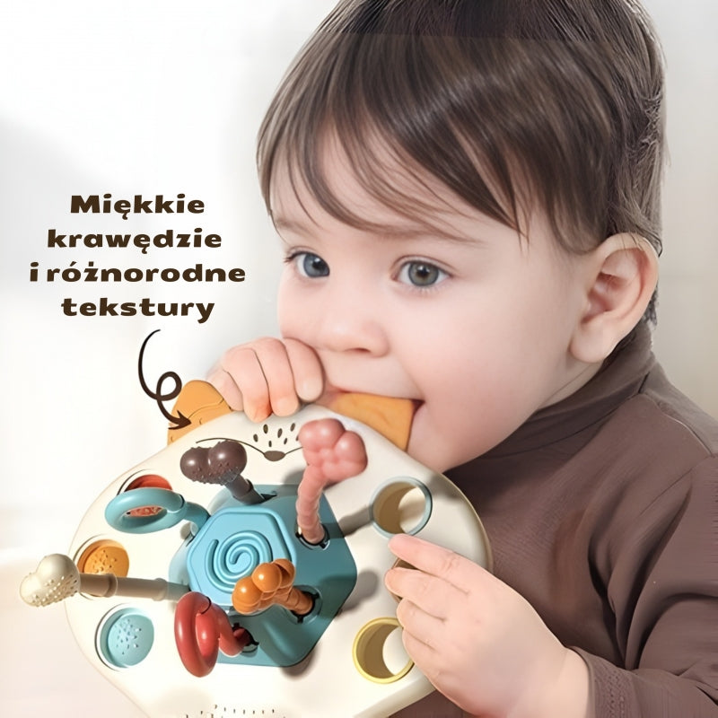 WOOPIE Montessori rókás szenzoros fejlesztőjáték és rágóka húzható zsinórokkal