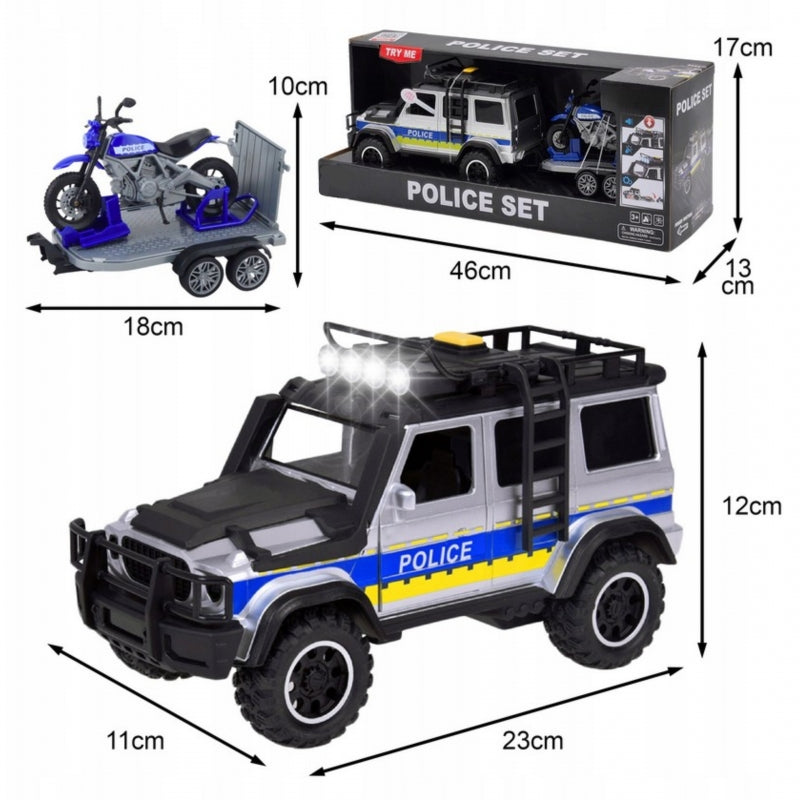 WOOPIE Rendőrségi terepjáró motoros utánfutóval és rendőrmotorral, hang- és fényhatásokkal – Fekete-kék