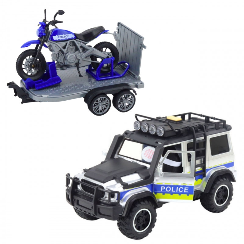 WOOPIE Rendőrségi terepjáró motoros utánfutóval és rendőrmotorral, hang- és fényhatásokkal – Fekete-kék