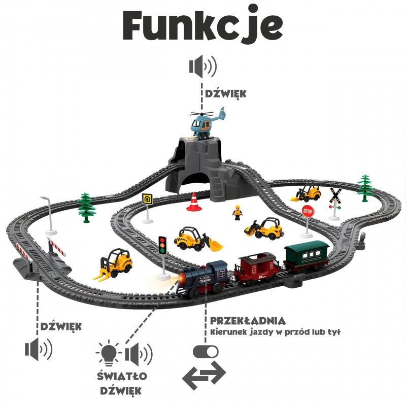 WOOPIE Retro elektromos játékvasút építhető pályával, mozdonnyal és 2 vagonnal – 76 részes