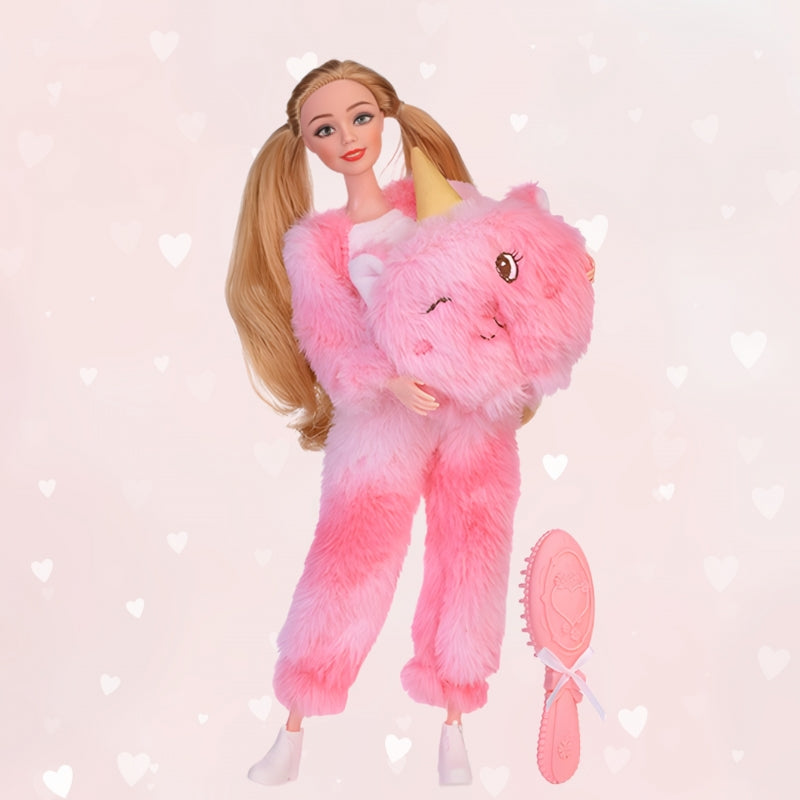 WOOPIE Royal Emi baba rózsaszín, macis plüss overálban, hajkefével – 29 cm