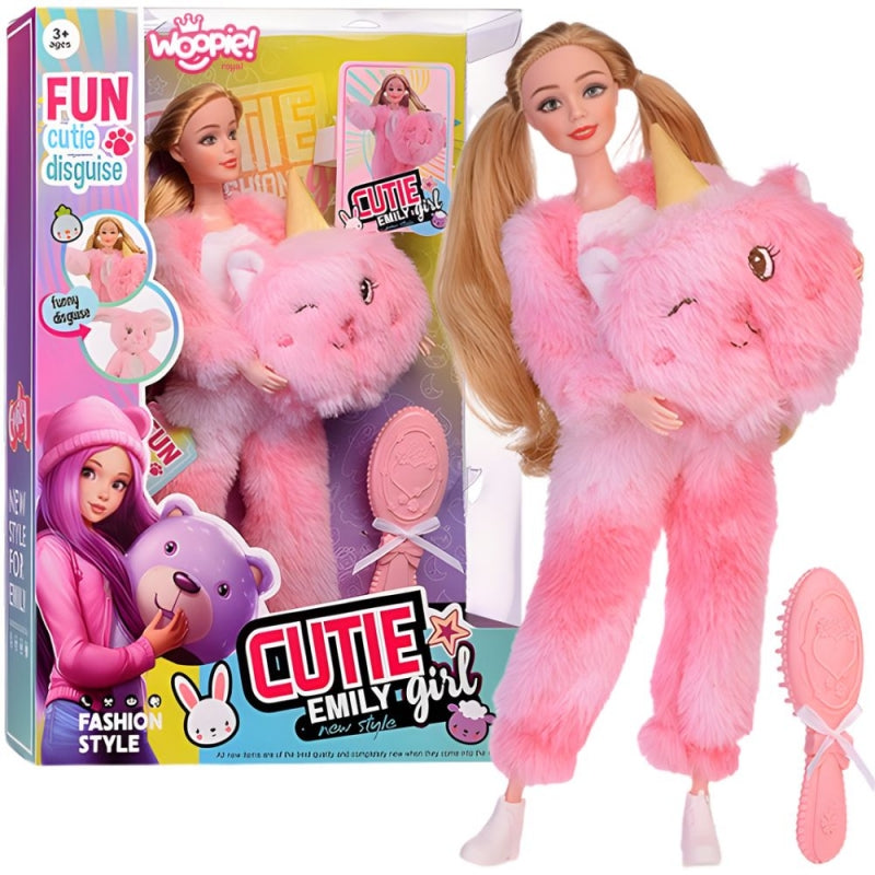 WOOPIE Royal Emi baba rózsaszín, macis plüss overálban, hajkefével – 29 cm