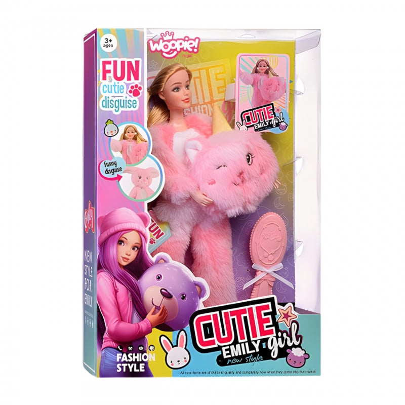 WOOPIE Royal Emi baba rózsaszín, macis plüss overálban, hajkefével – 29 cm