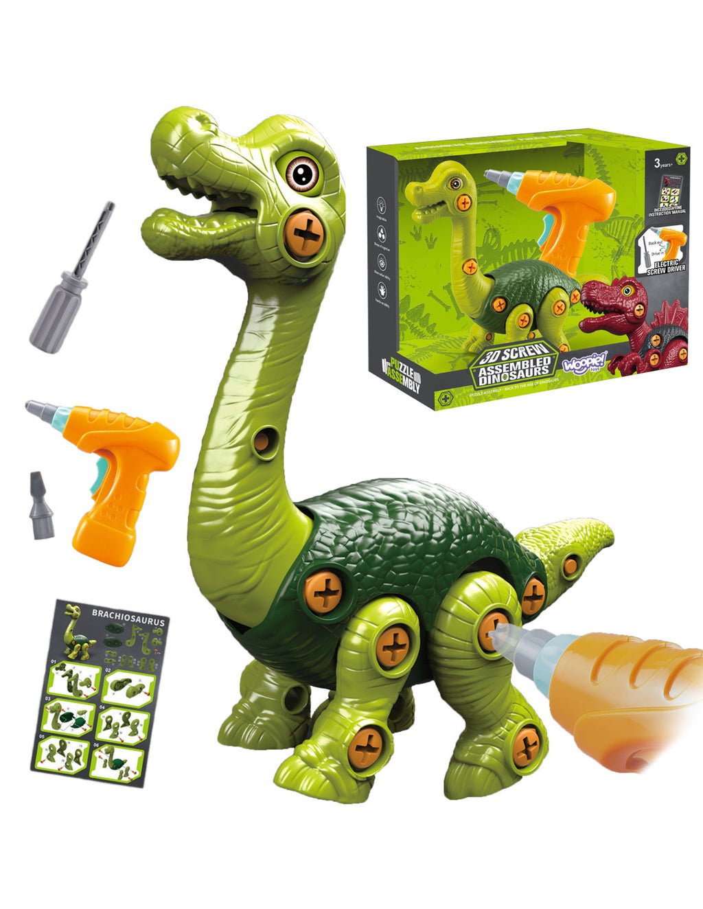 WOOPIE 31 részes szerelhető Brachiosaurus dinoszaurusz játék elektromos fúróval és csavarhúzóval