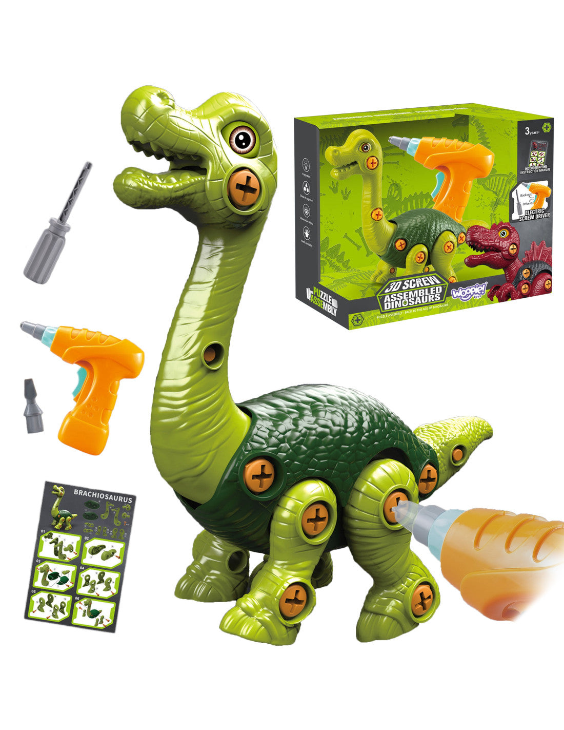 WOOPIE 31 részes szerelhető Brachiosaurus dinoszaurusz játék elektromos fúróval és csavarhúzóval