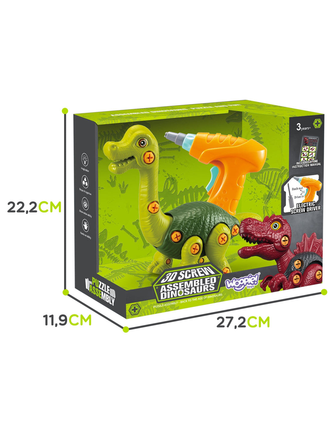 WOOPIE 31 részes szerelhető Brachiosaurus dinoszaurusz játék elektromos fúróval és csavarhúzóval