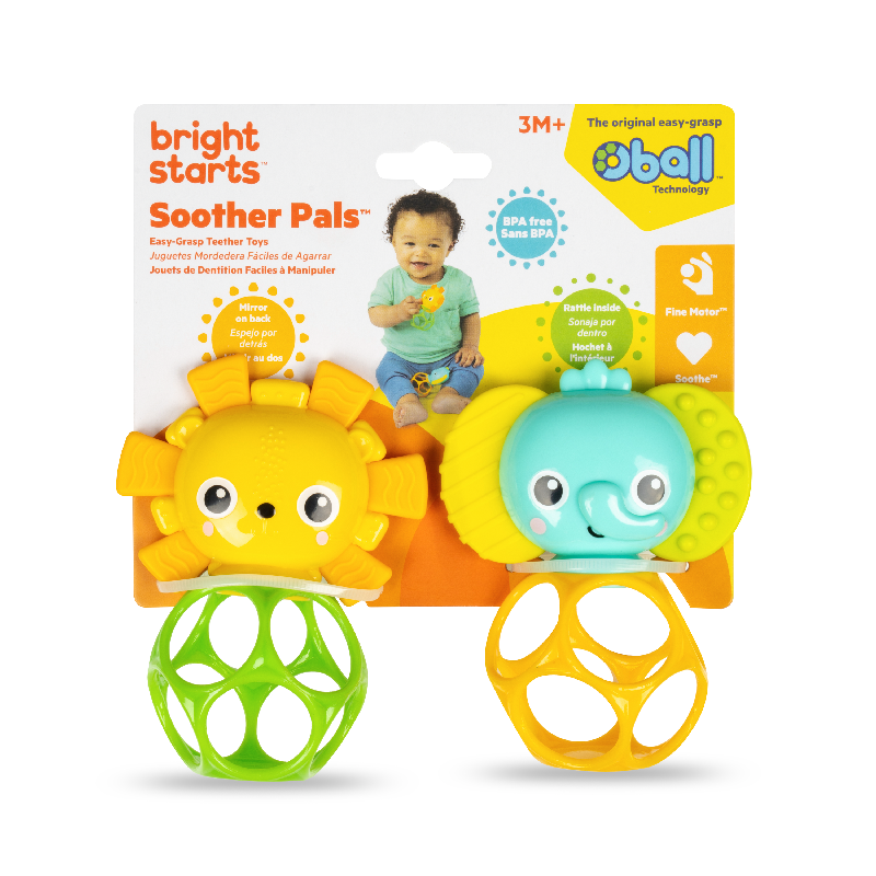 OBALL Soothers Pals rágóka és csörgő szett – Oroszlán és elefánt – 3 hó+