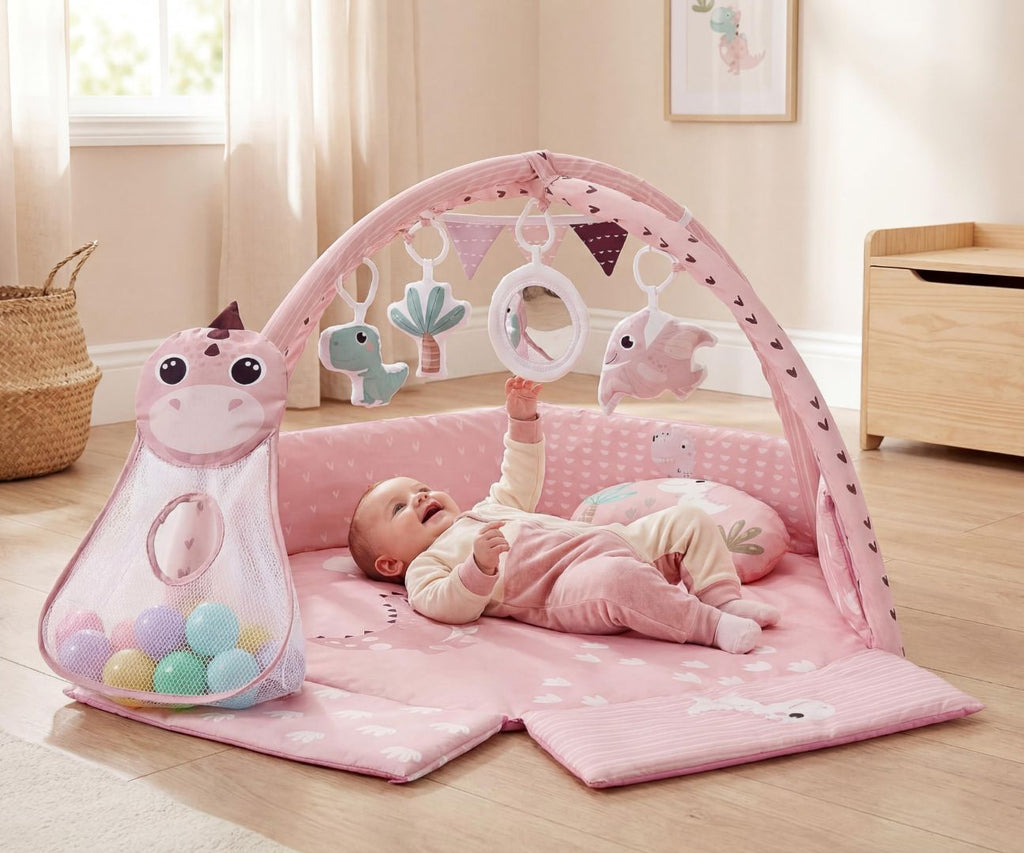 MILLY MALLY Dino Pink fejlesztő játszószőnyeg labdákkal – 109 × 114 cm