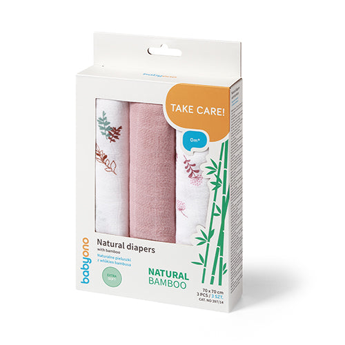 BabyOno NATURAL BAMBOO bambusz textilpelenka 3 db 70×70 cm – rózsaszín