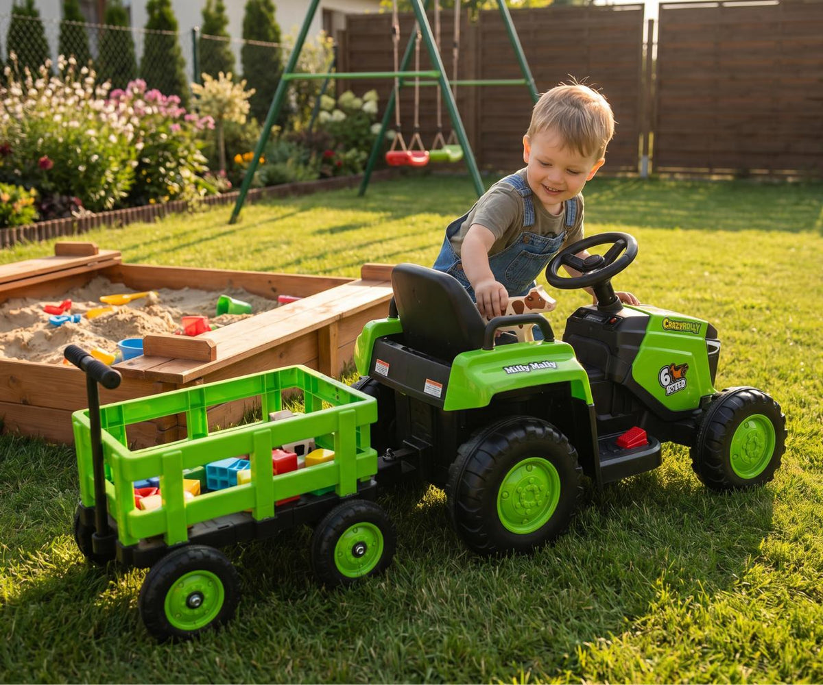Milly Mally ROLLY akkumulátoros traktor utánfutóval – Zöld