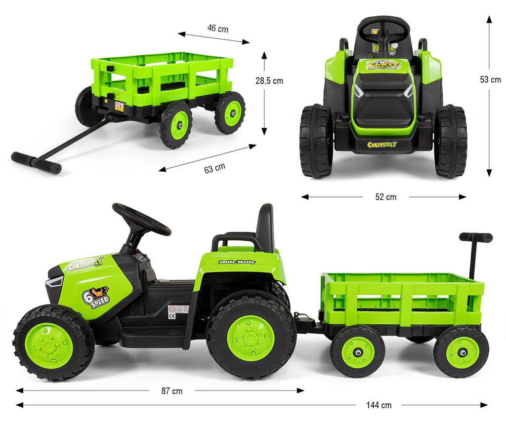 Milly Mally ROLLY akkumulátoros traktor utánfutóval – Zöld