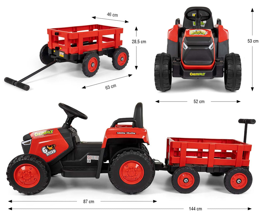 Milly Mally ROLLY akkumulátoros traktor utánfutóval – Piros