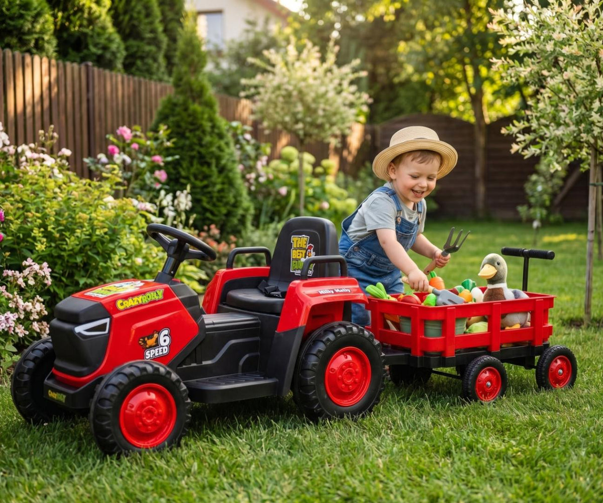 Milly Mally ROLLY akkumulátoros traktor utánfutóval – Piros