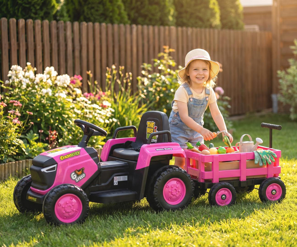 Milly Mally ROLLY akkumulátoros traktor utánfutóval, távirányítóval – Rózsaszín