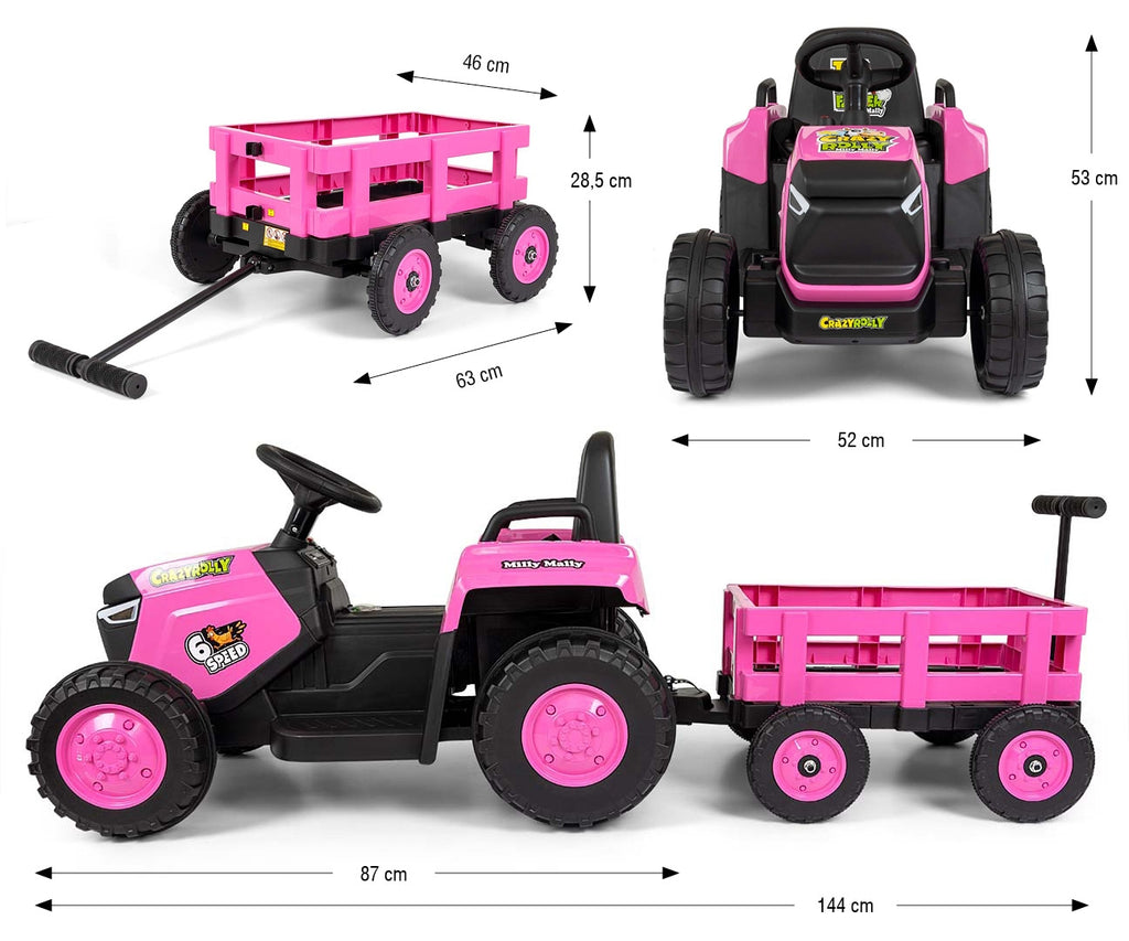 Milly Mally ROLLY akkumulátoros traktor utánfutóval, távirányítóval – Rózsaszín