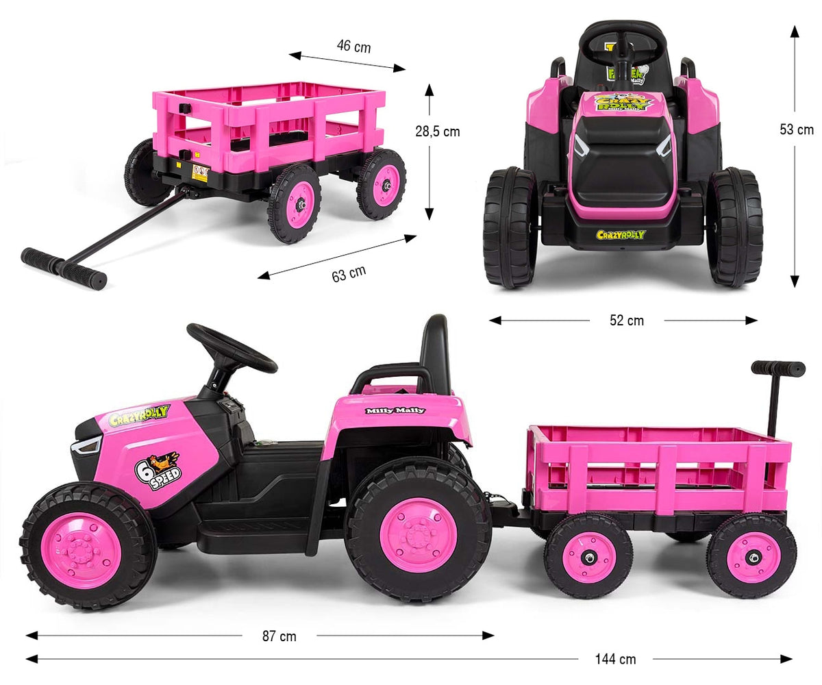Milly Mally ROLLY akkumulátoros traktor utánfutóval, távirányítóval – Rózsaszín