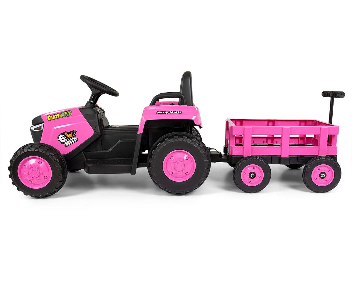 Milly Mally ROLLY akkumulátoros traktor utánfutóval, távirányítóval – Rózsaszín