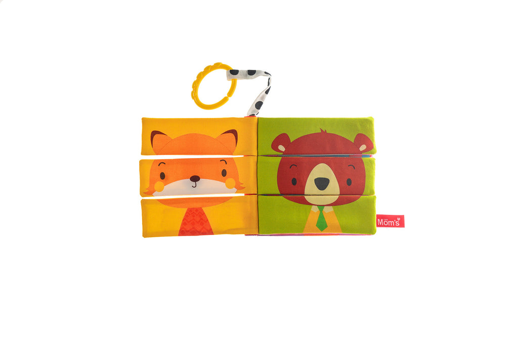 MOM'S CARE állatos szenzoros kirakós textilkönyv – 8 oldalas, 30 × 15 cm