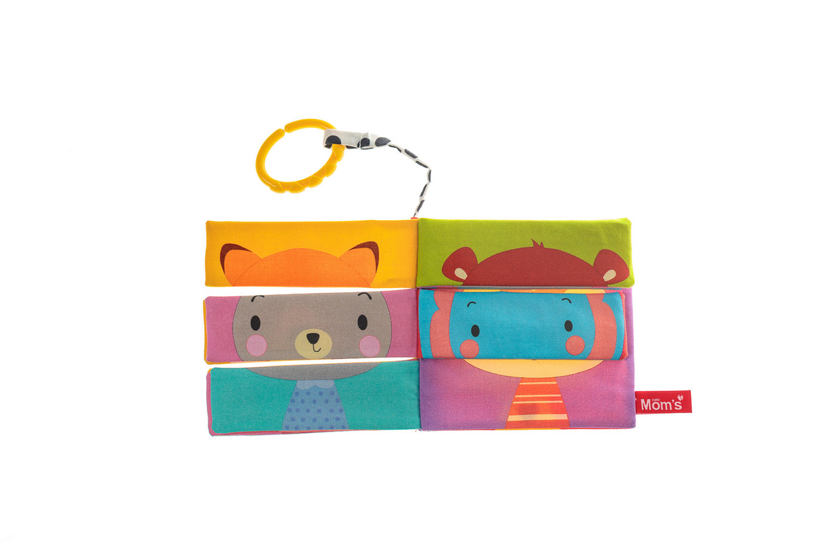 MOM'S CARE állatos szenzoros kirakós textilkönyv – 8 oldalas, 30 × 15 cm