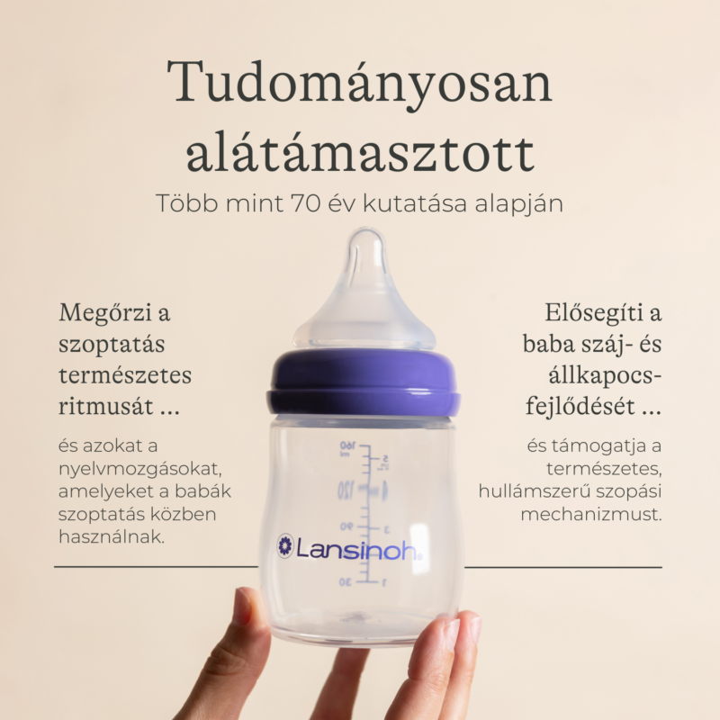 Lansinoh Cumisüveg lassú folyású etetőcumival + fedéllel, 160 ml