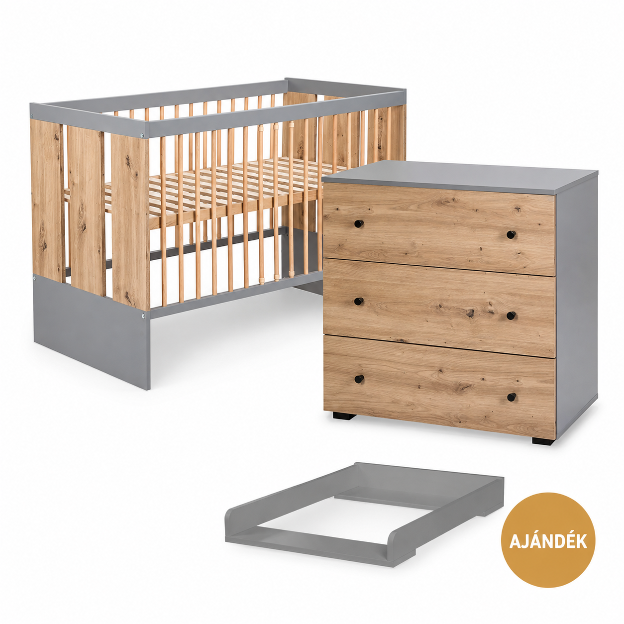 LittleSky by KLUPS Pauline 2 részes babaszobabútor-szett ajándék pelenkázófeltéttel – grafit–tölgy
