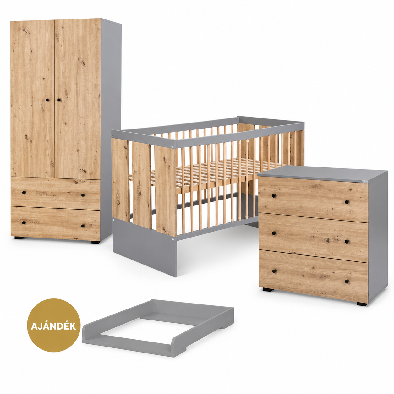LittleSky by KLUPS Pauline 3 részes babaszobabútor-szett ajándék pelenkázófeltéttel – grafit–tölgy