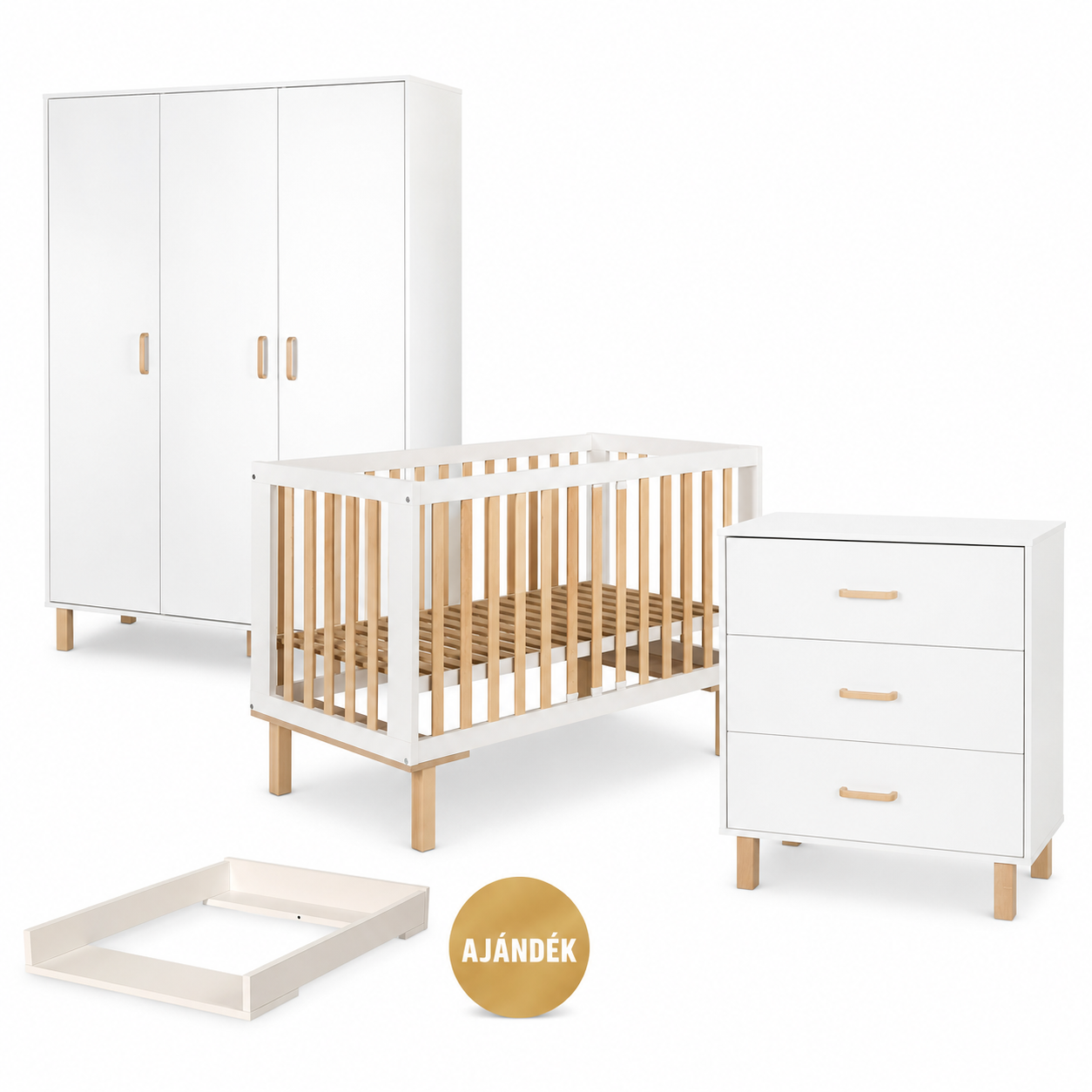 LittleSky by KLUPS Laura II 3 részes babaszobabútor-szett ajándék pezsgőszínű pelenkázófeltéttel – fehér–bükk