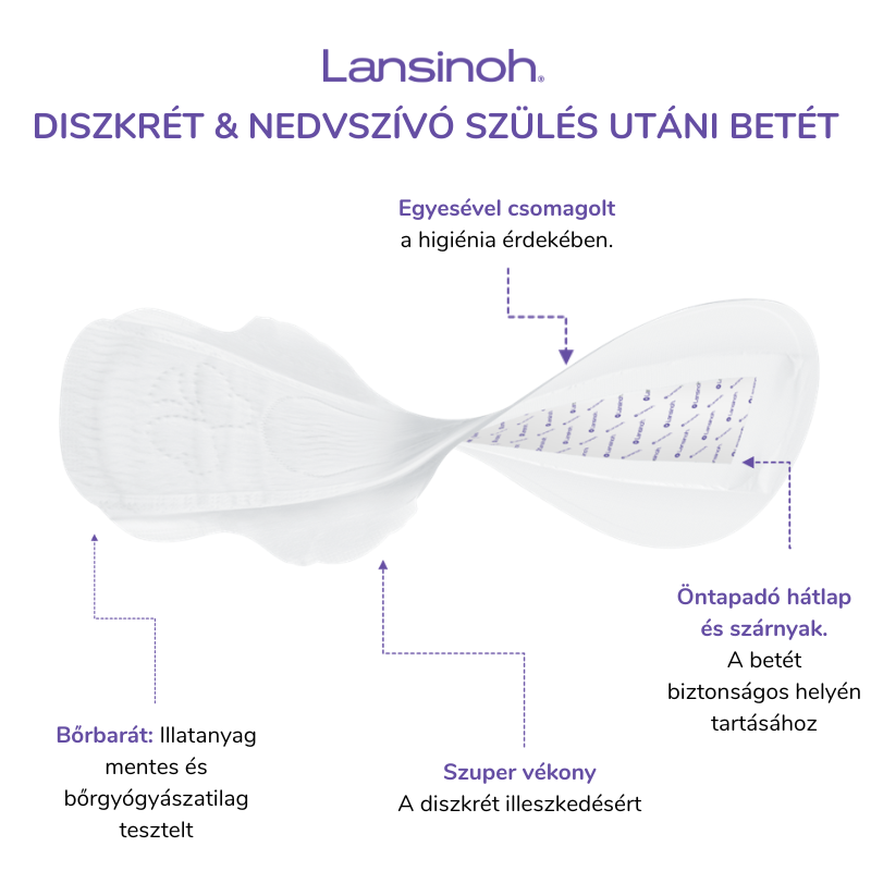 Lansinoh diszkrét és nedvszívó szülés utáni betét 2. héttől - egyesével csomagolt, 12 db