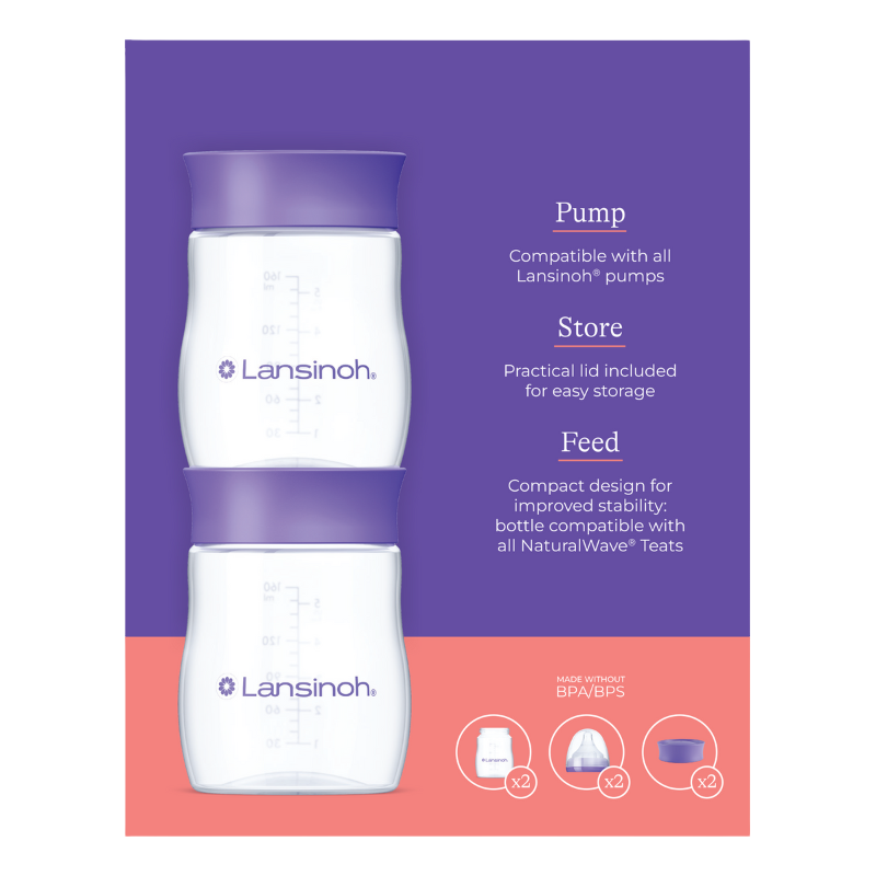 Lansinoh 2 db cumisüveg lassú folyású etetőcumival + 2 db fedéllel, 160 ml