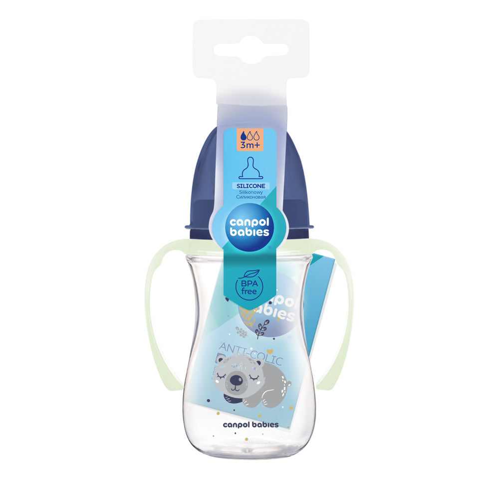 Canpol babies Anti-kólikás cumisüveg világító fogantyúval EasyStart SLEEPY KOALA 240ml kék