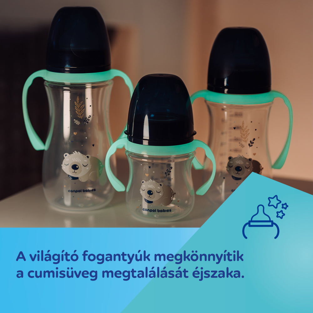 Canpol babies Anti-kólikás cumisüveg világító fogantyúval EasyStart SLEEPY KOALA 240ml kék