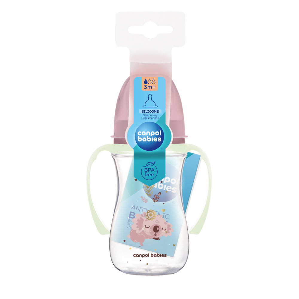 Canpol babies Anti-kólikás cumisüveg világító fogantyúval EasyStart SLEEPY KOALA 240ml pink