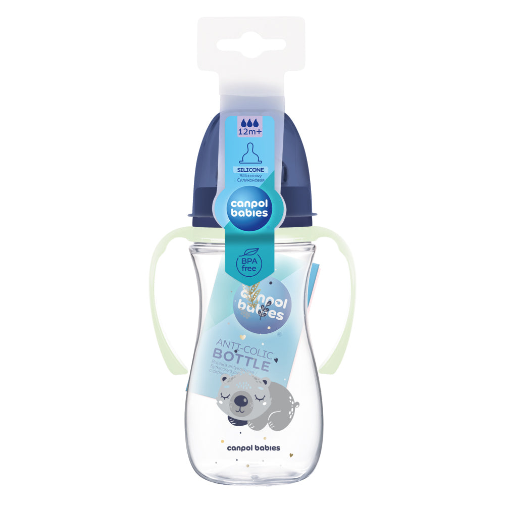 Canpol babies Anti-kólikás cumisüveg világító fogantyúval EasyStart SLEEPY KOALA 300ml kék