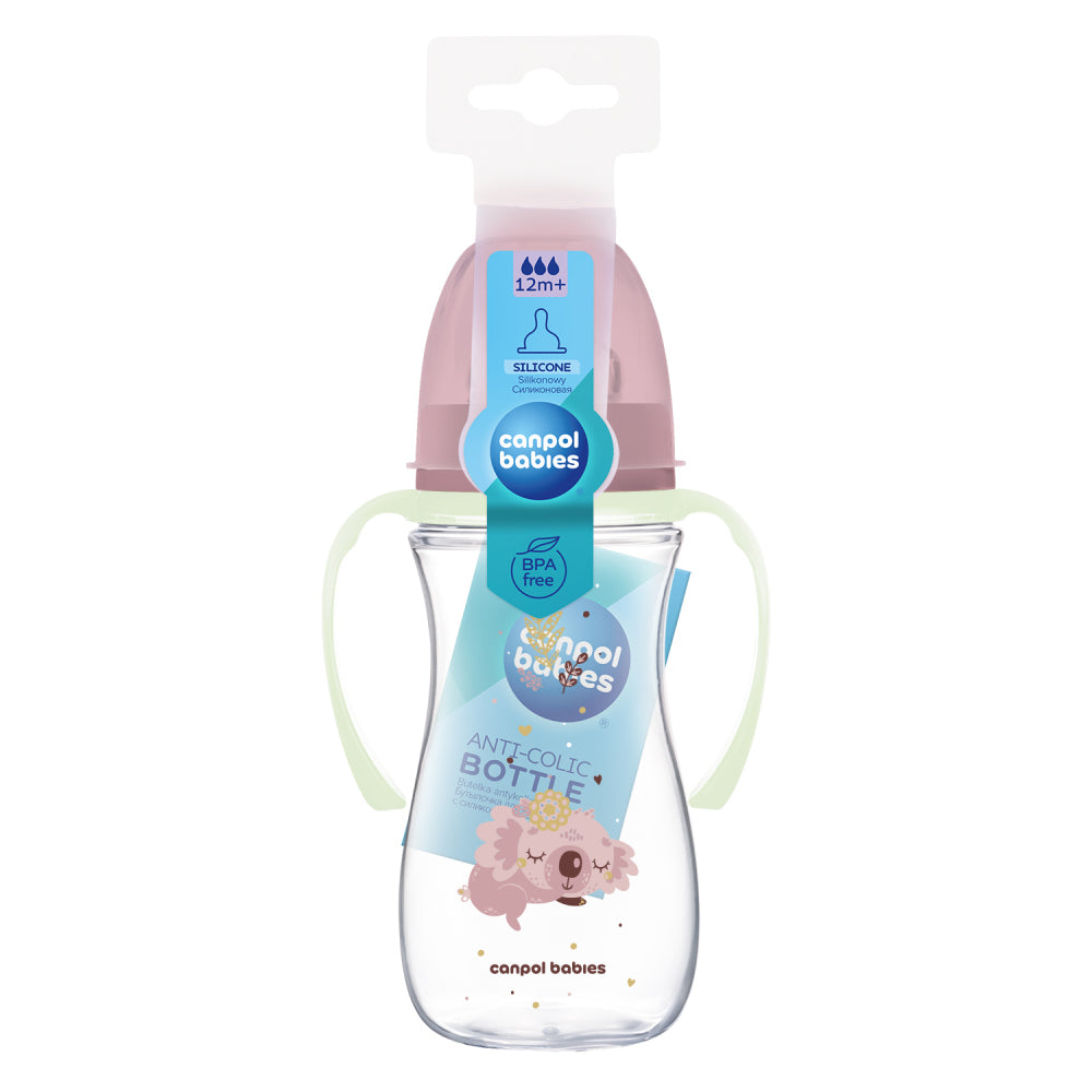 Canpol babies Anti-kólikás cumisüveg világító fogantyúval EasyStart SLEEPY KOALA 300ml pink