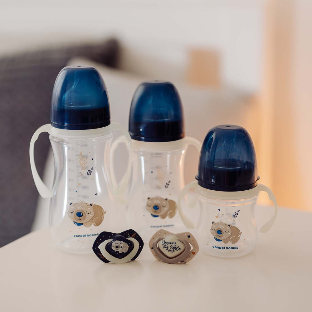 Canpol babies Anti-kólikás cumisüveg világító fogantyúval EasyStart SLEEPY KOALA 300ml kék