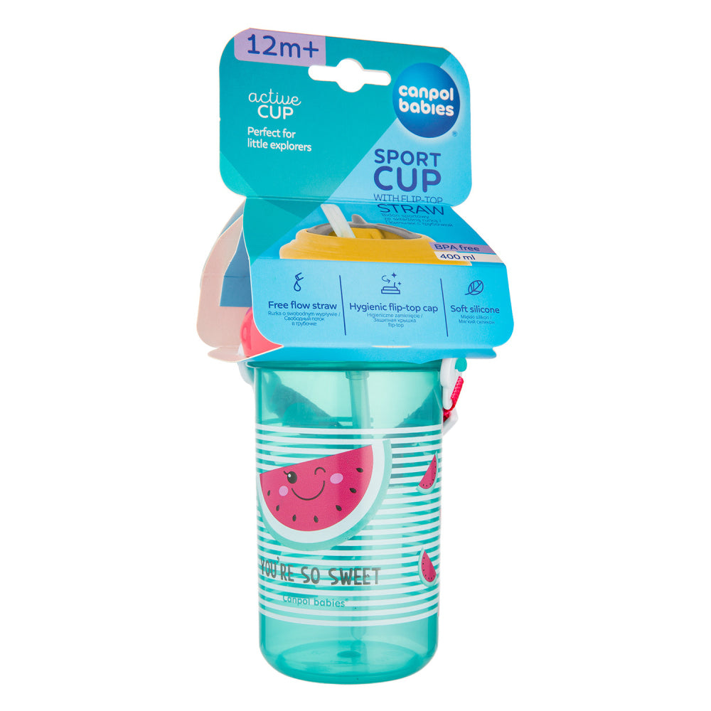 Canpol babies sport itatópohár flip-top szilikon szívószállal 400 ml SO COOL rózsaszín