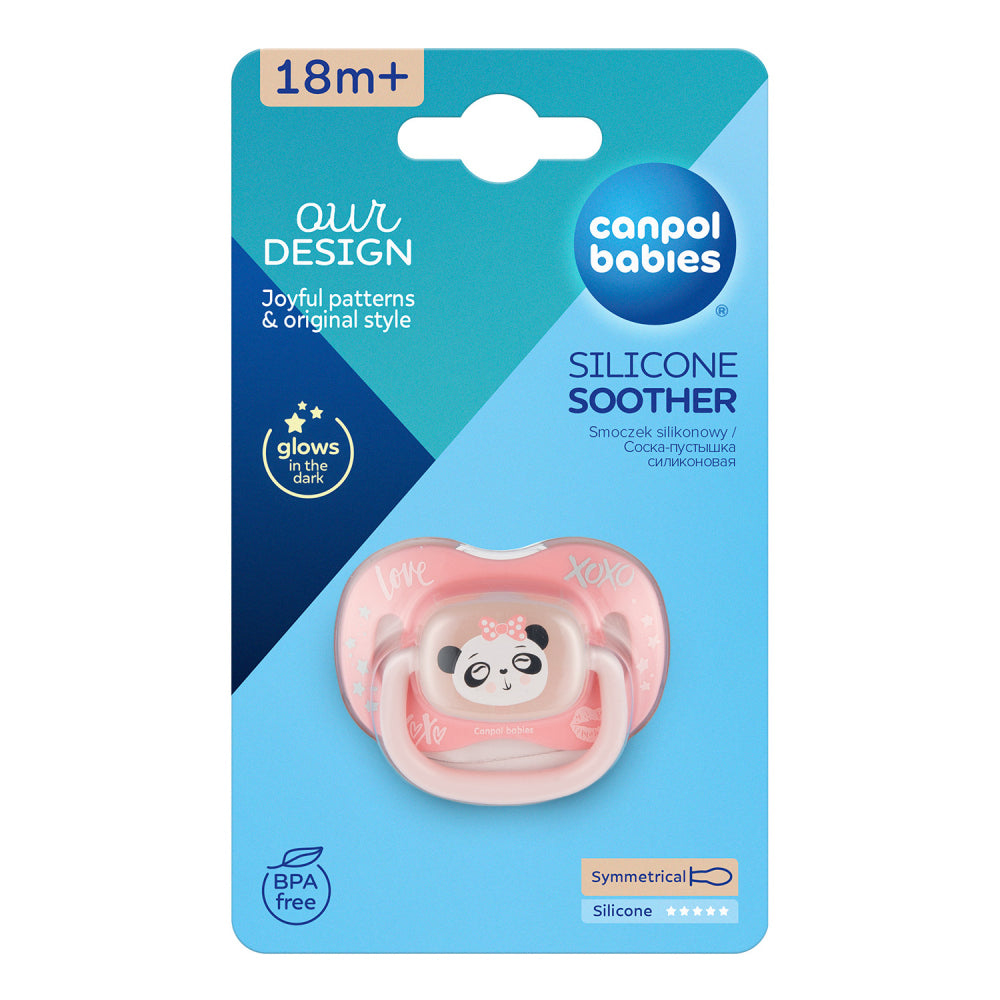 Canpol babies Világító szilikon szimmetrikus cumi EXOTIC ANIMALS 18hó+ 1db panda