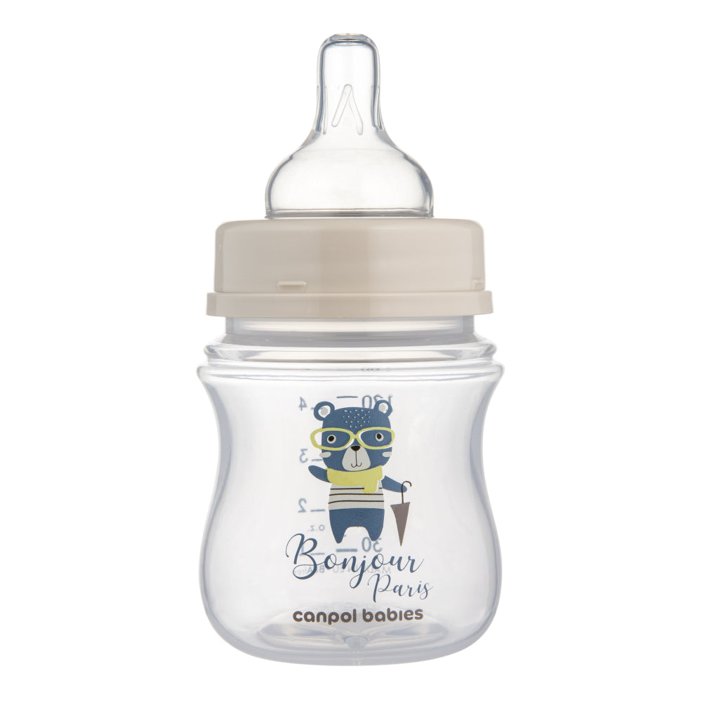 Canpol babies EasyStart széles nyakú anti-kólikás cumisüveg BONJOUR PARIS 120ml kék