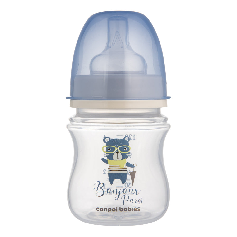 Canpol babies EasyStart széles nyakú anti-kólikás cumisüveg BONJOUR PARIS 120ml kék