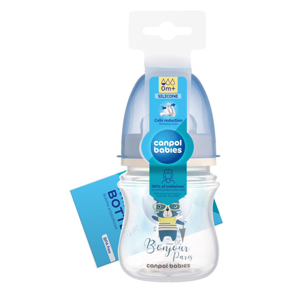 Canpol babies EasyStart széles nyakú anti-kólikás cumisüveg BONJOUR PARIS 120ml kék