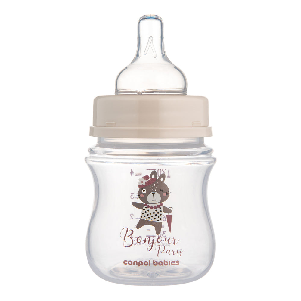 Canpol babies EasyStart széles nyakú anti-kólikás cumisüveg BONJOUR PARIS 120ml rózsaszín