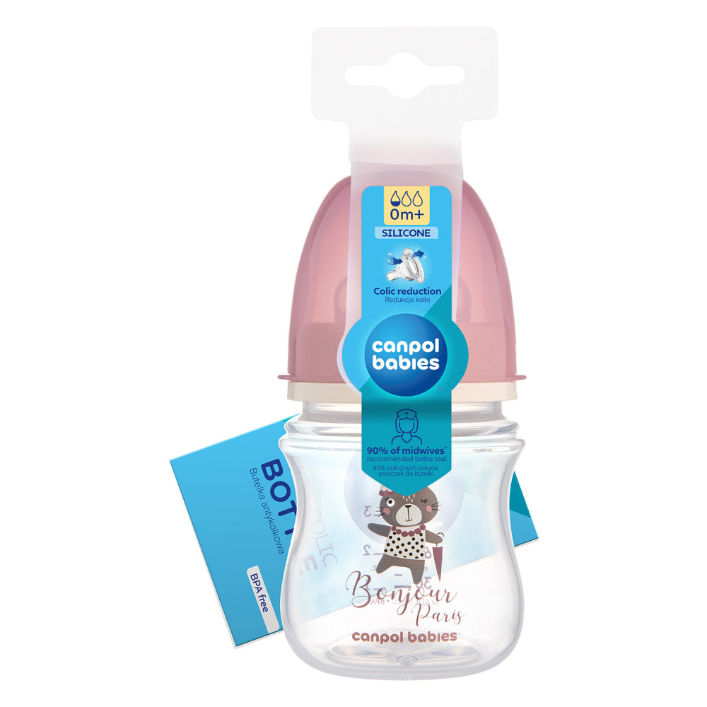 Canpol babies EasyStart széles nyakú anti-kólikás cumisüveg BONJOUR PARIS 120ml rózsaszín