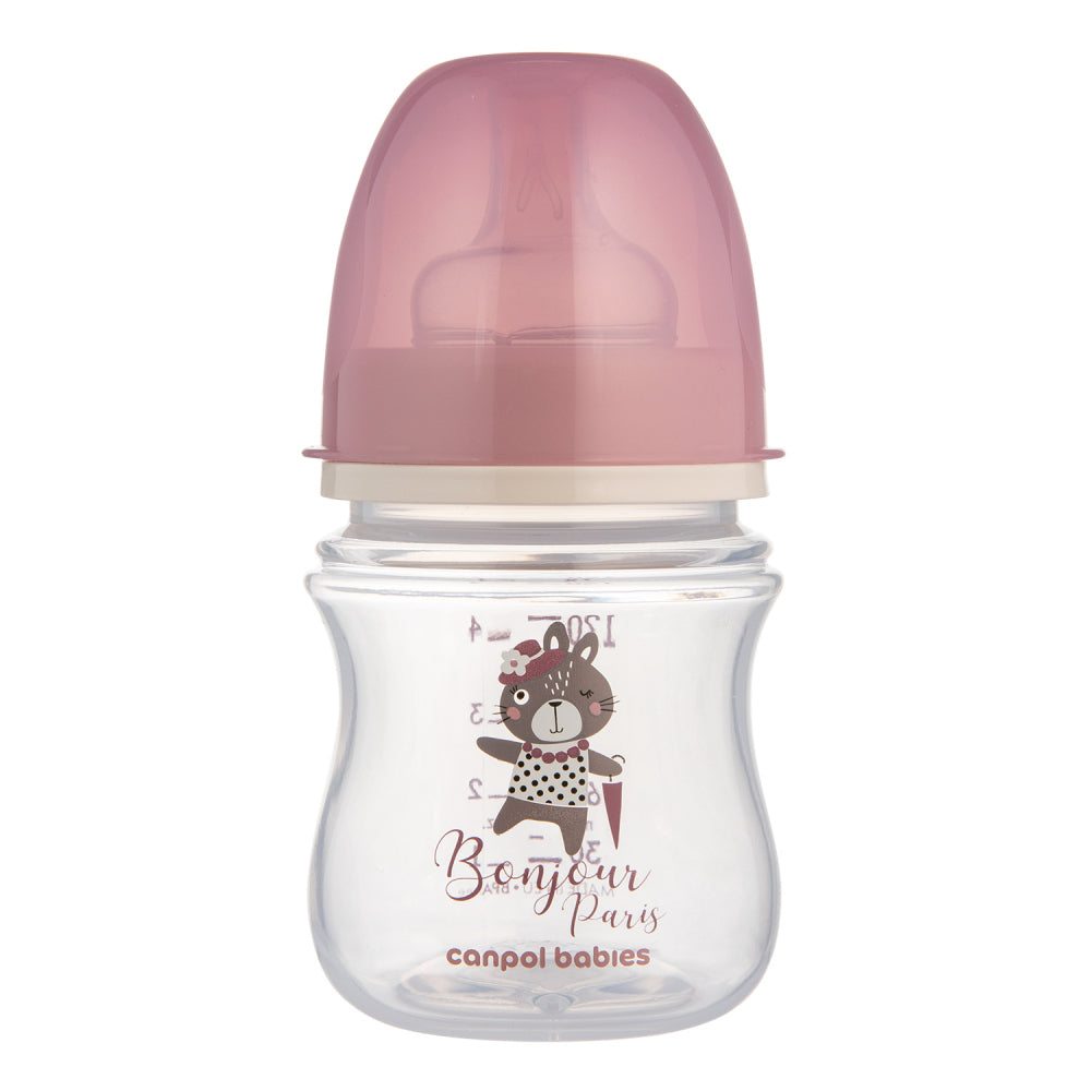 Canpol babies EasyStart széles nyakú anti-kólikás cumisüveg BONJOUR PARIS 120ml rózsaszín
