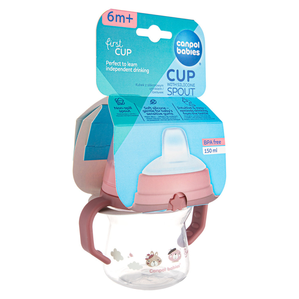 Canpol babies Itatópohár szilikon ivócsőrrel FirstCup Bonjour Paris 150ml rózaszín